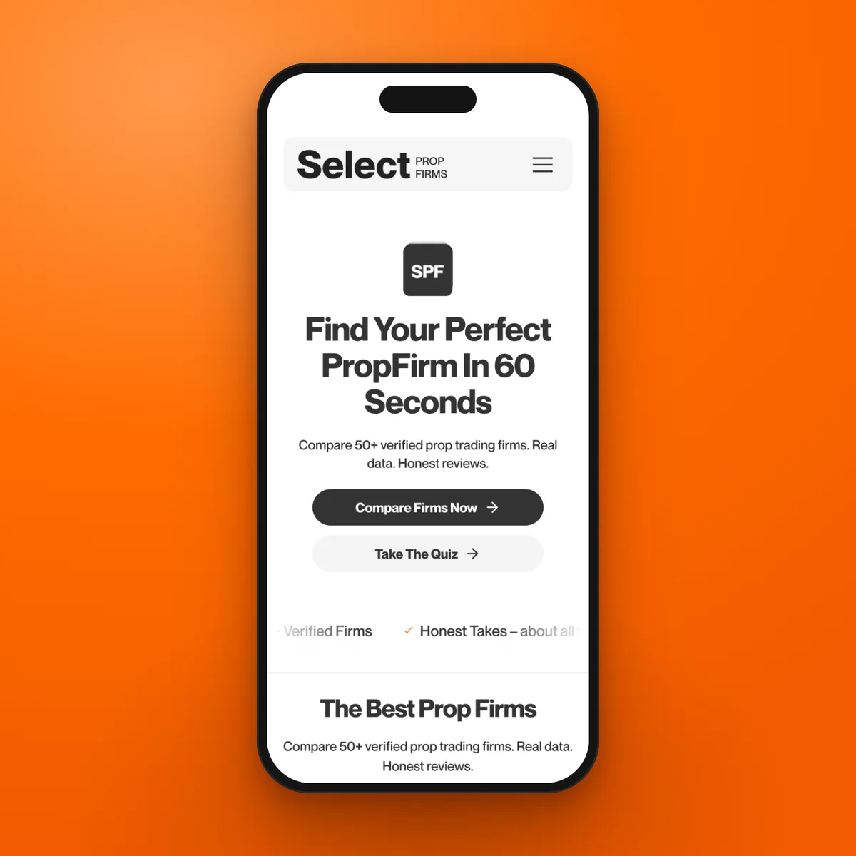 The Select Prop Firms homepage on a phone
