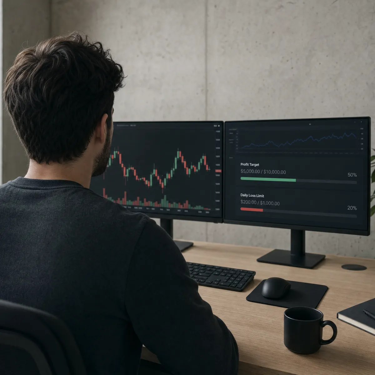 A trader at a home desk checking a prop firm challenge on two monitors