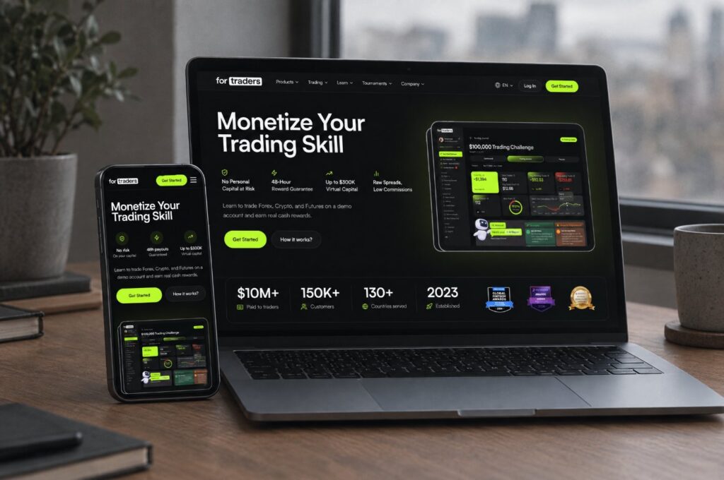 The For Traders website on a phone and a laptop