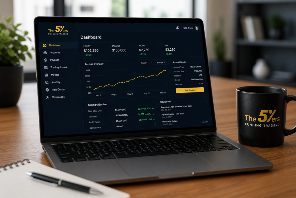 The5ers trading dashboard interface showing account balance, profit metrics and growth chart on laptop workspace