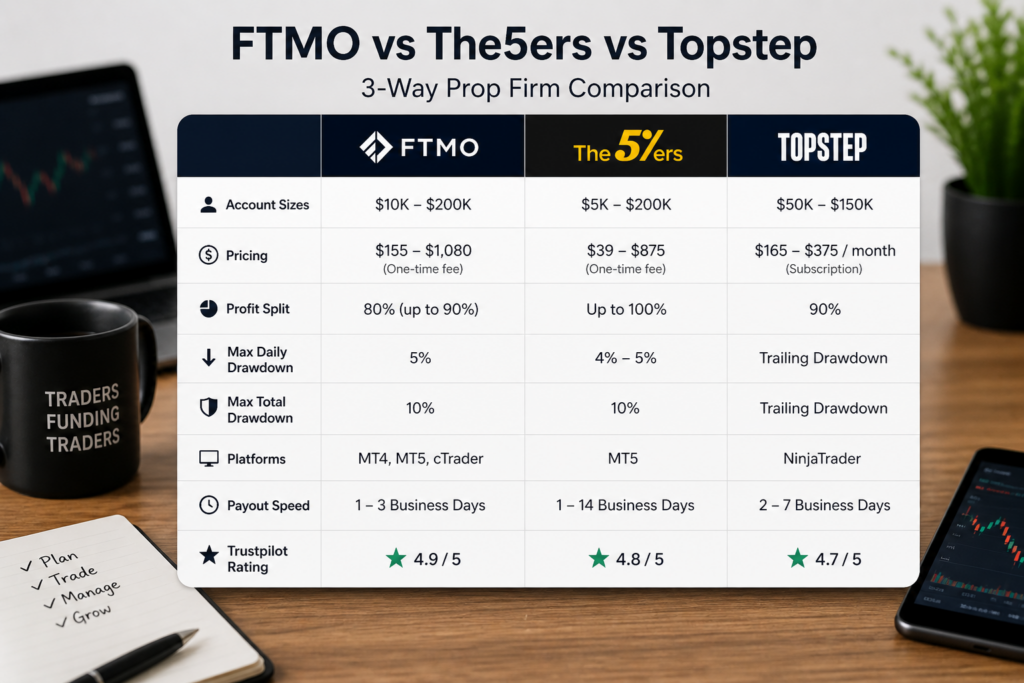 FTMO vs The5ers vs Topstep comparison table showing account sizes, pricing, profit splits and trading rules