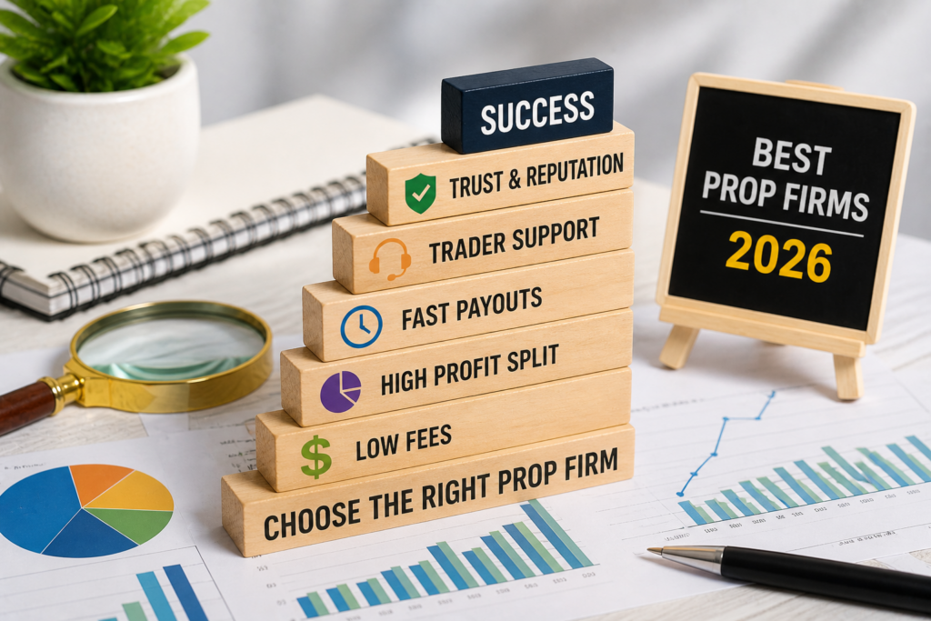 best prop firms 2026 selection concept with stacked blocks highlighting low fees high profit split fast payouts and trust
