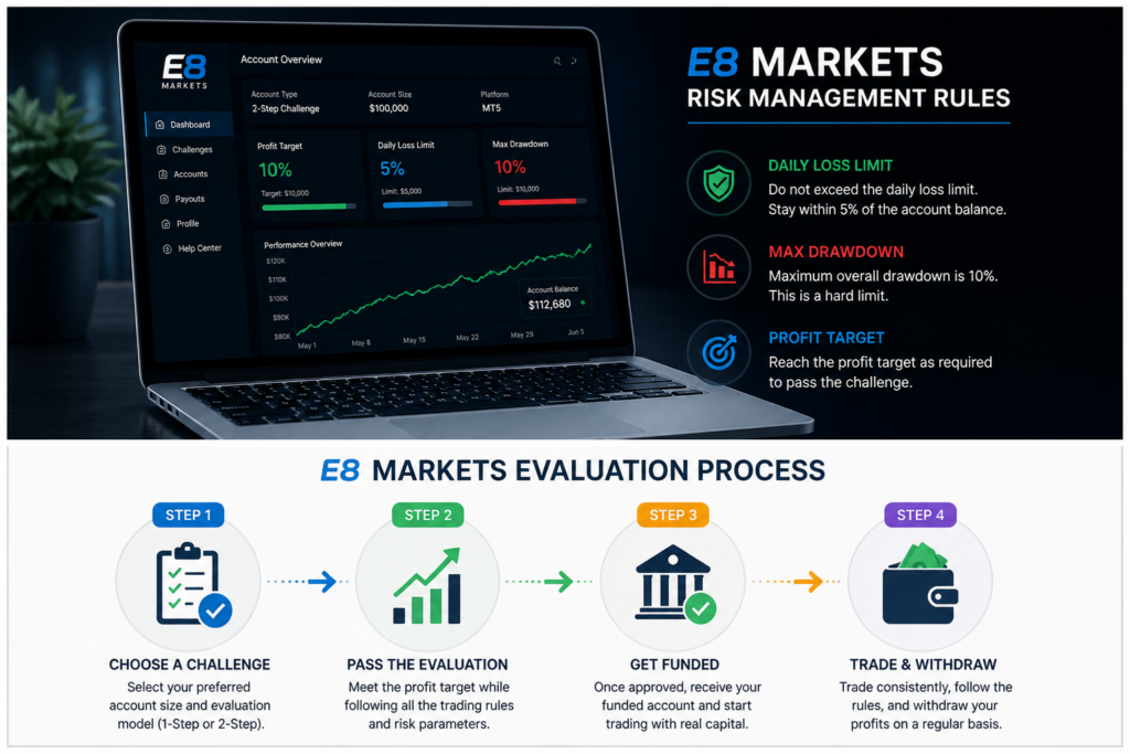 e8 markets review 2026 infographic showing evaluation models profit split risk rules trading platforms and one time fee structure