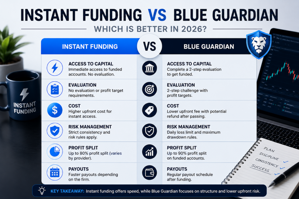 instant funding vs blue guardian infographic comparing evaluation rules payout structure risk management and trading conditions