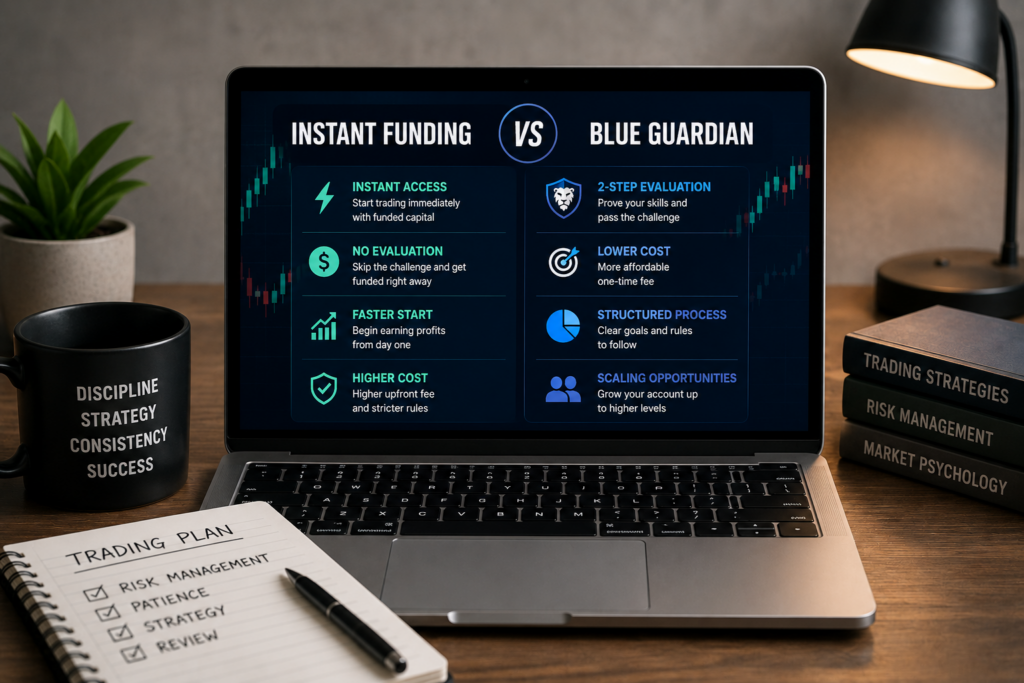 instant funding vs blue guardian trading comparison displayed on laptop with evaluation model and funding features