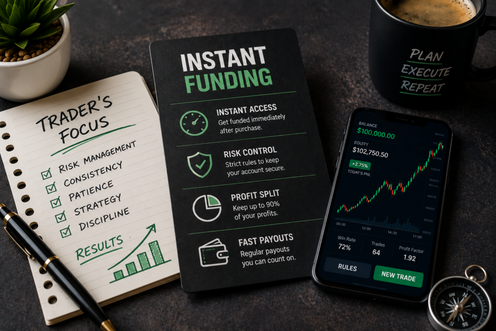 instant funding workspace setup with funded trading account features and risk management overview