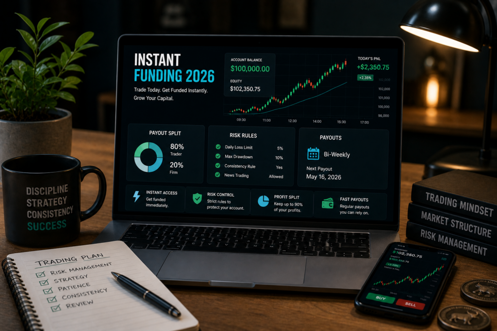 instant funding desk display showing payout structure profit split and funded trading benefits