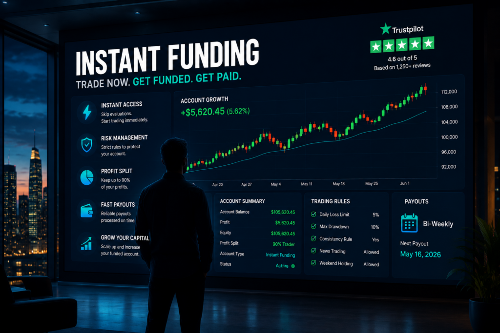 instant funding review showing trader feedback funded account features payouts and trading dashboard insights