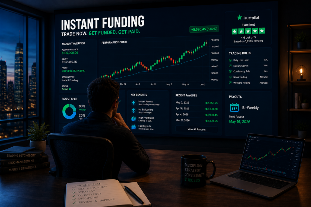 instant funding trading review dashboard with trader analysis payout structure and funded account performance