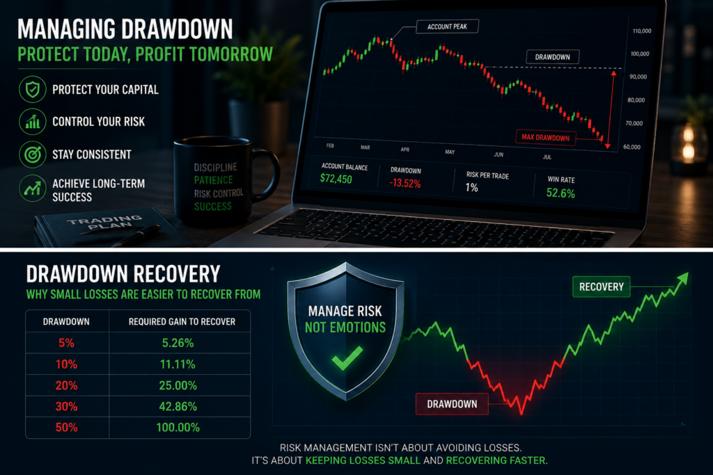 trader managing drawdown while analysing account losses risk management strategy and long term trading consistency