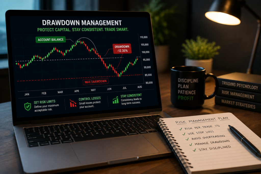 drawdown management trading setup showing account protection risk control and disciplined trading strategy