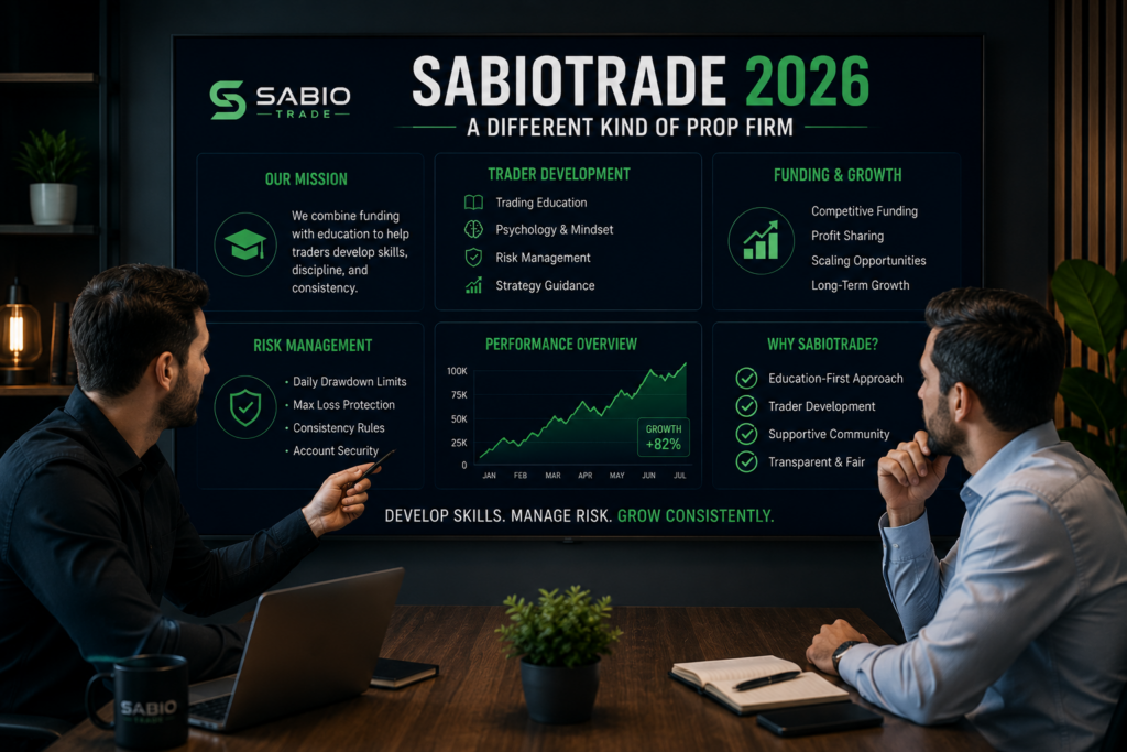 SabioTrade 2026 platform showing trader education funded account growth and risk management features