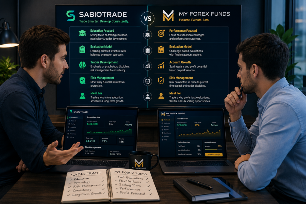 SabioTrade vs My Forex Funds overview with trader discussion trading dashboards and prop firm comparison insights
