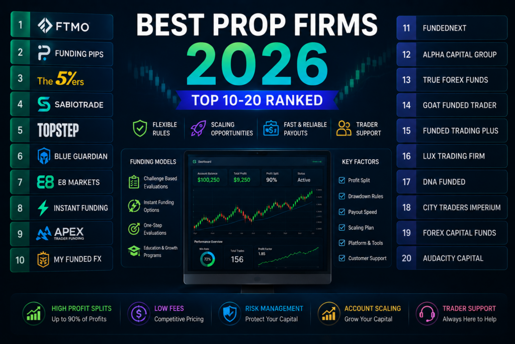 best prop firms 2026 ranking displayed on a large trading screen with funded account platforms and stock market charts
