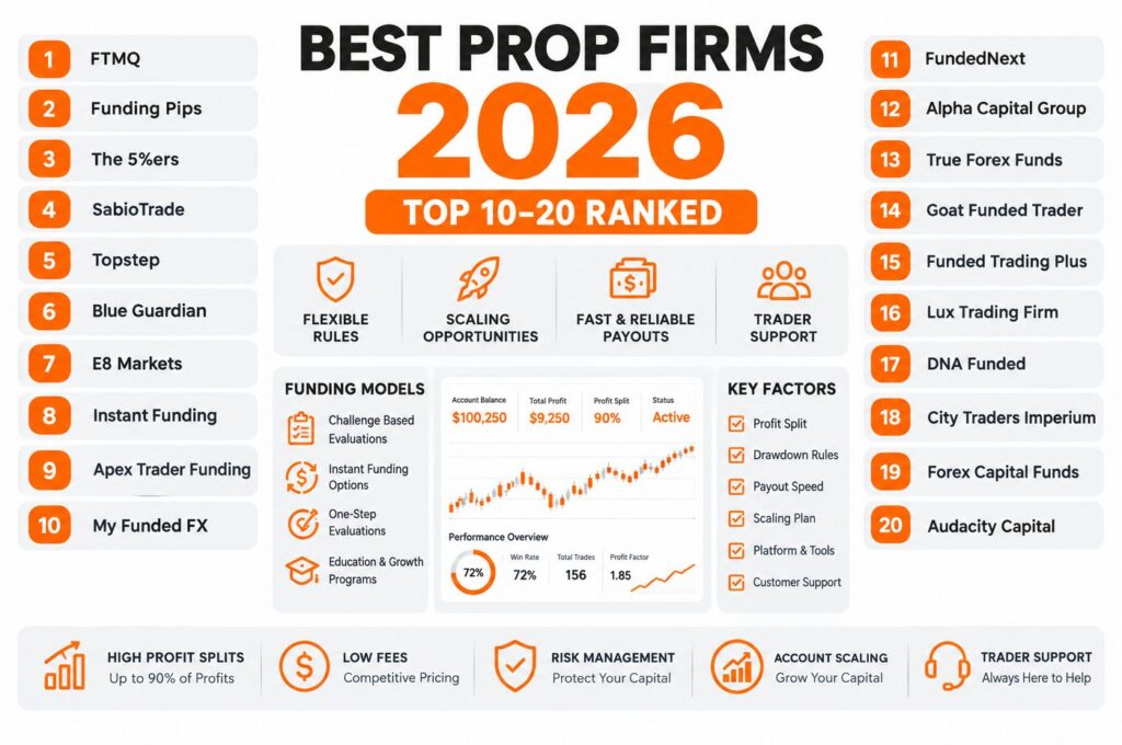 best prop firms 2026 ranking displayed on a large trading screen with funded account platforms and stock market charts