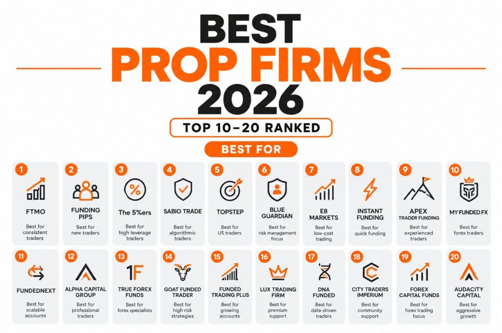 top prop firms 2026 comparison featuring trading dashboards funding models and professional stock chart displays