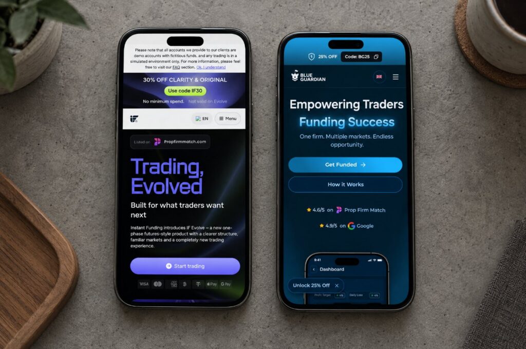 The Instant Funding and Blue Guardian websites on two phones