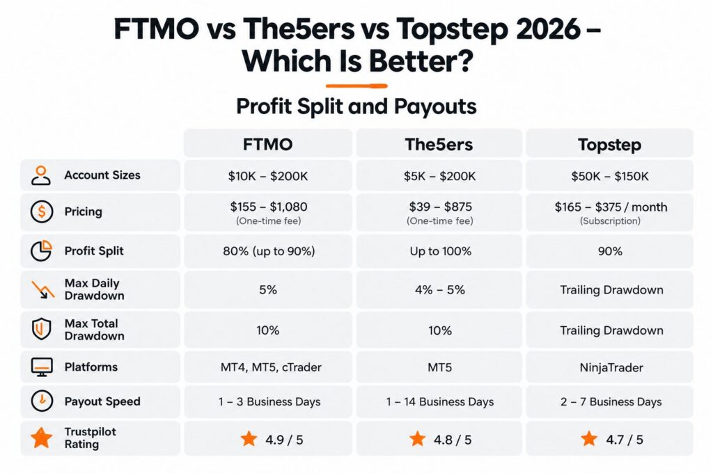 FTMO vs The5ers vs Topstep comparison table showing account sizes, pricing, profit splits and trading rules