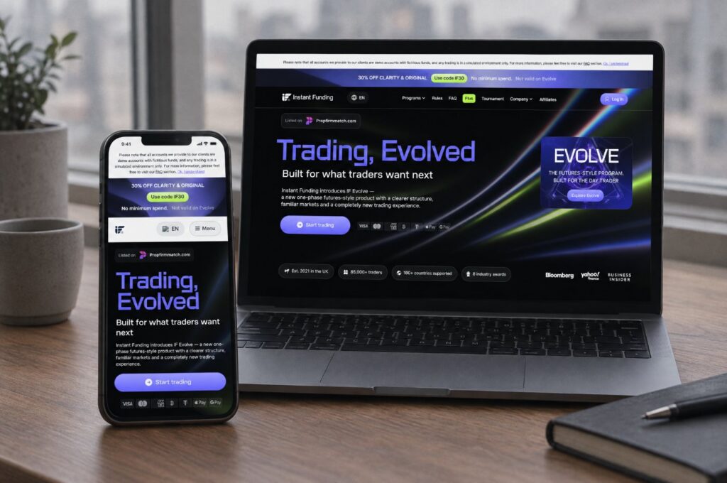 The Instant Funding website on a phone and a laptop