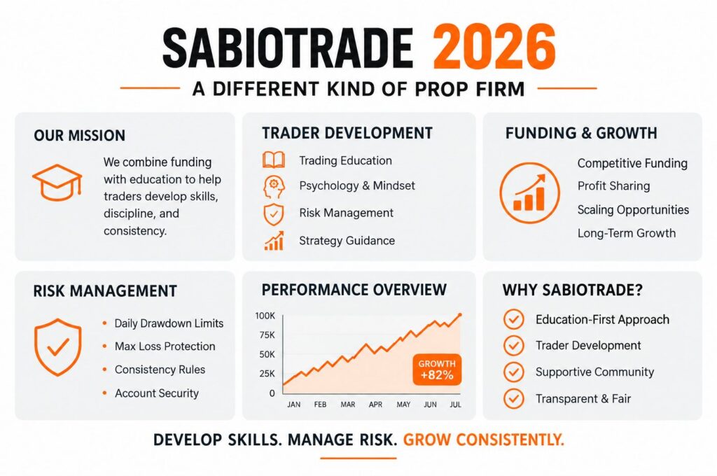SabioTrade 2026 platform showing trader education funded account growth and risk management features