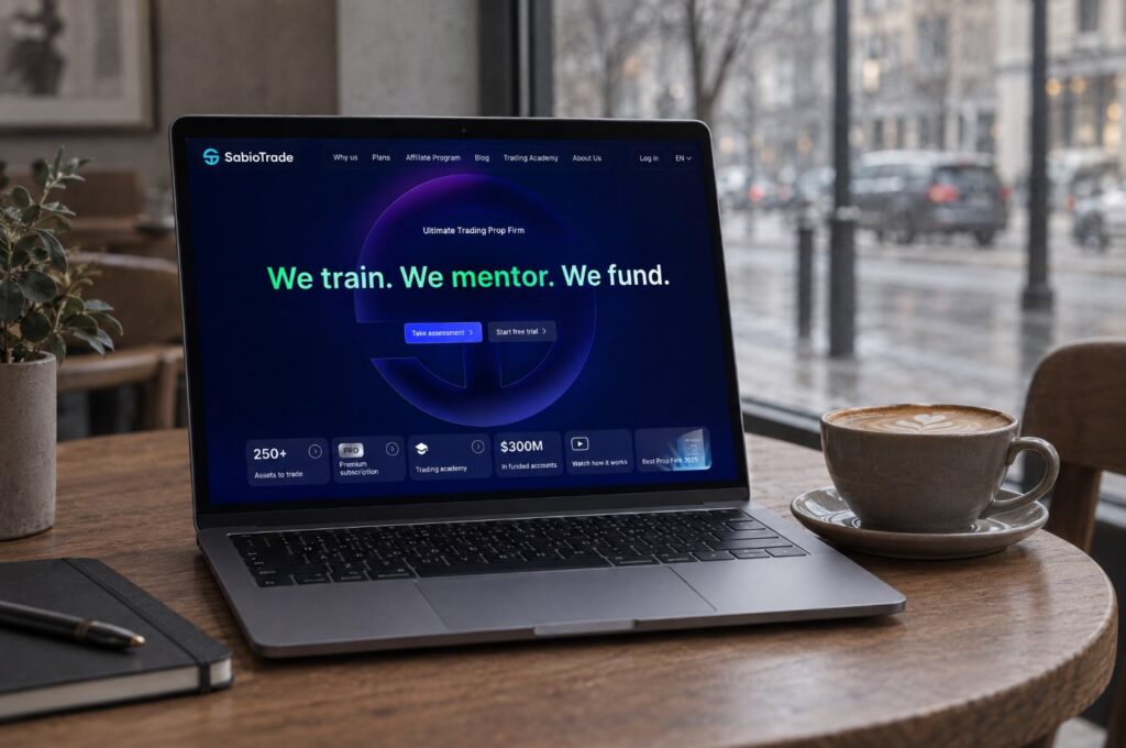 The SabioTrade website on a laptop
