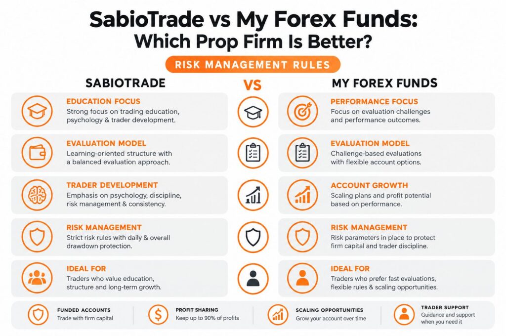 SabioTrade vs My Forex Funds trading comparison showing funded accounts education and performance focused prop firm features