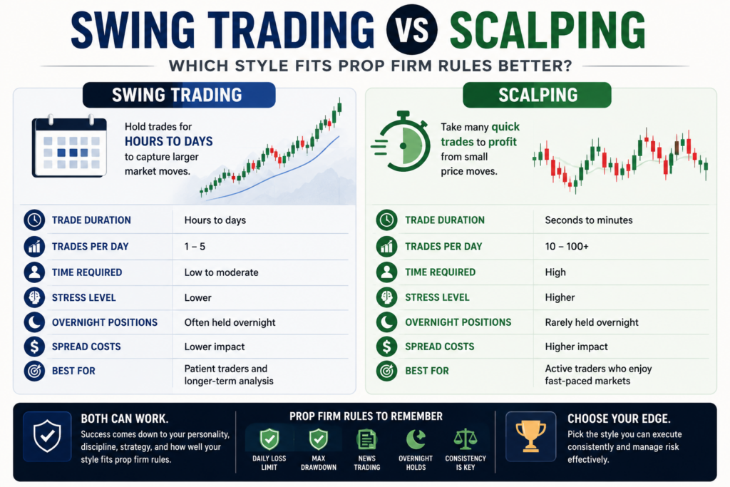 Prop firm trader choosing between swing trading and scalping strategies on multiple trading monitors.