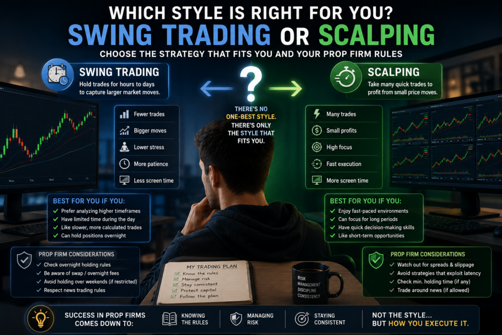 Trader comparing swing trading vs scalping to find the best strategy for prop firm trading success.