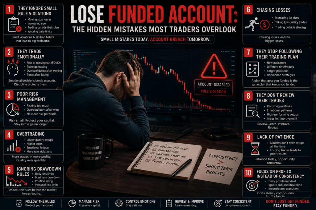 Common mistakes that cause traders to lose funded accounts and how disciplined risk management helps prevent account breaches.