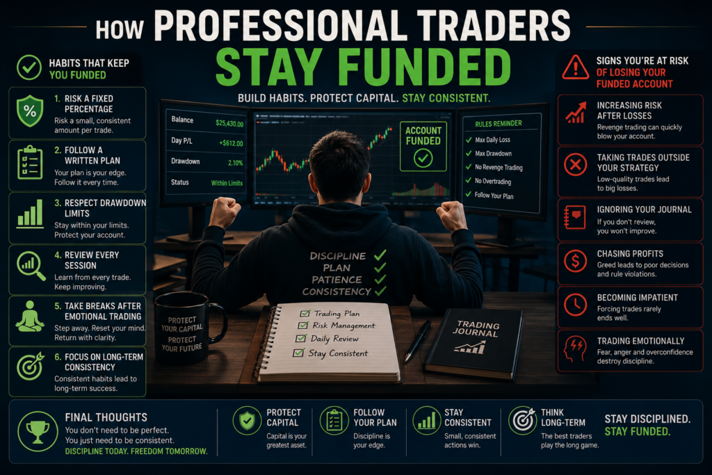 Professional trading habits that help traders stay funded through consistent risk management, emotional discipline and trading plan execution.