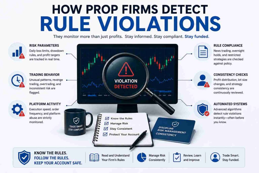 Prop firm rule violations explained, including hidden trading mistakes that can lead to funded account breaches.