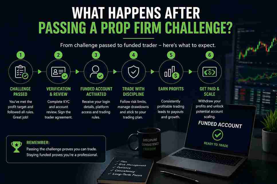 Complete guide to what happens after passing prop firm challenge, including funded accounts, trading rules and profit payouts.
