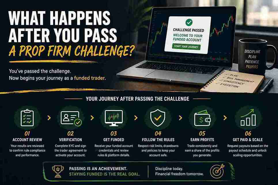 What happens after passing prop firm challenge, from account verification to funded trading and long-term success.