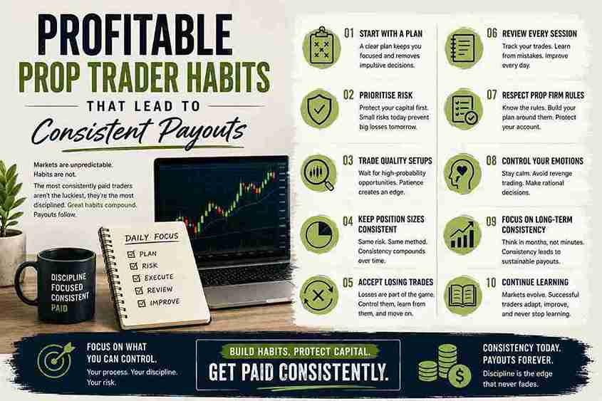 Daily profitable prop trader habits including risk management, discipline and trading consistency