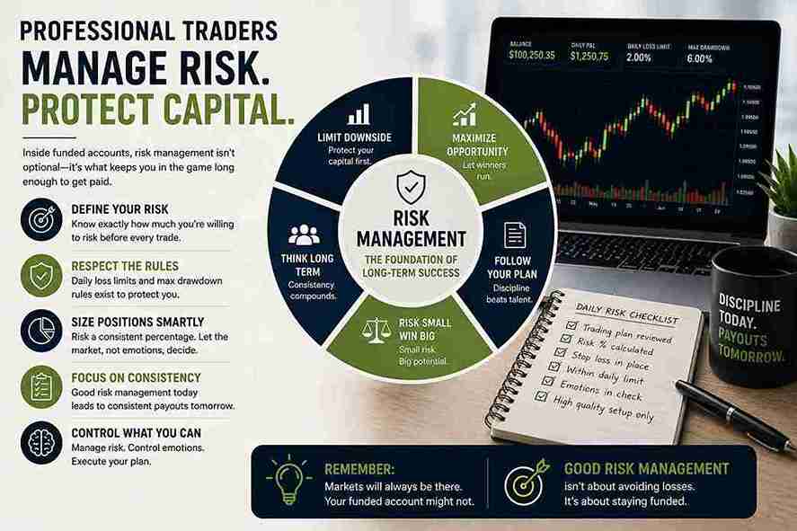 Professional prop firm risk management techniques including position sizing and capital preservation