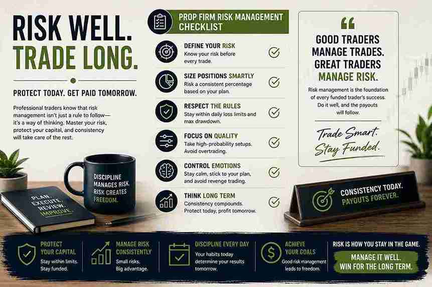 Prop firm risk management checklist for funded traders to manage risk and maintain long-term consistency