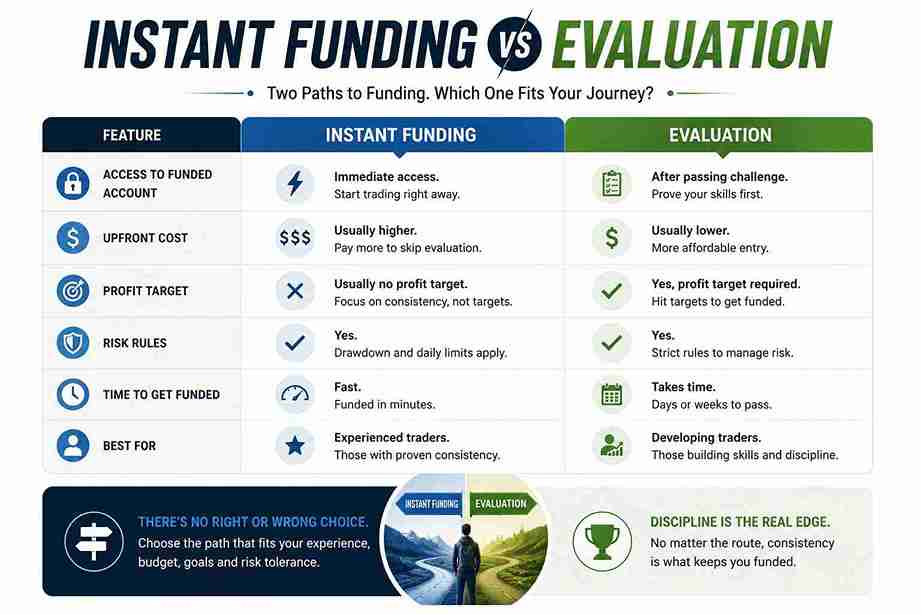 Instant funding vs evaluation comparison for choosing the right prop firm funding model