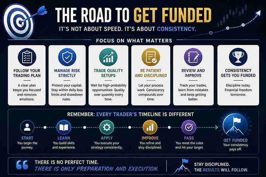 Timeline showing how long to pass a prop firm challenge with disciplined trading