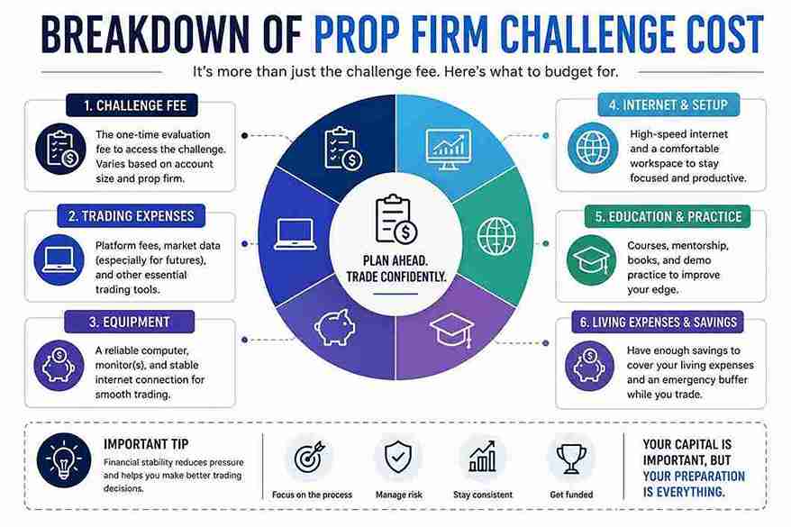 Breakdown of prop firm challenge cost including evaluation fees, trading expenses and savings