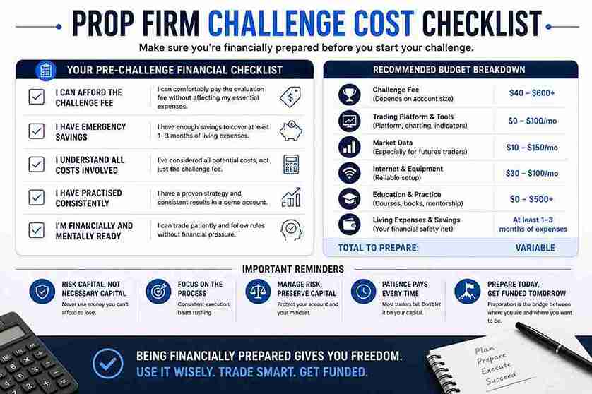 Financial checklist to prepare for the total prop firm challenge cost before applying