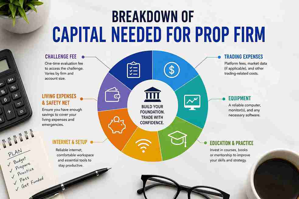 breakdown of the capital needed for a prop firm including challenge fees and trading costs