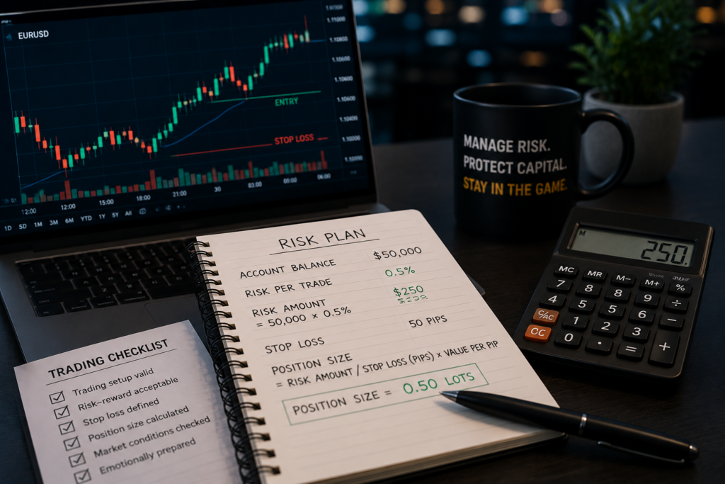Professional trader risk management inside a funded account with position sizing, drawdown control and disciplined trading.