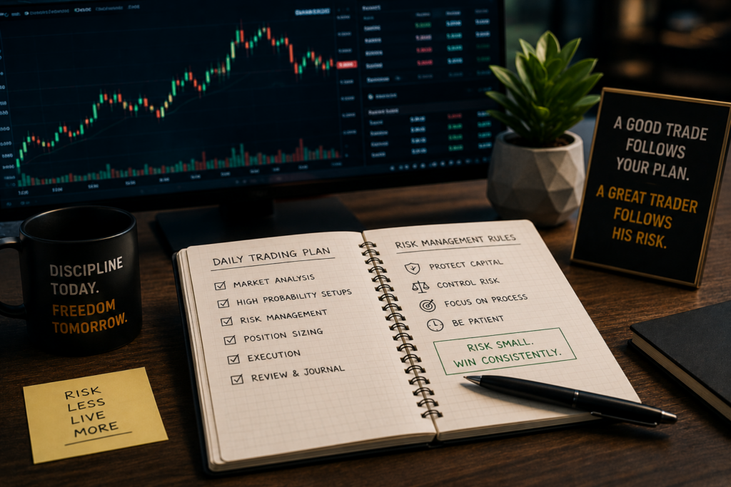Funded account risk management with trading charts, position sizing and capital preservation strategies.
