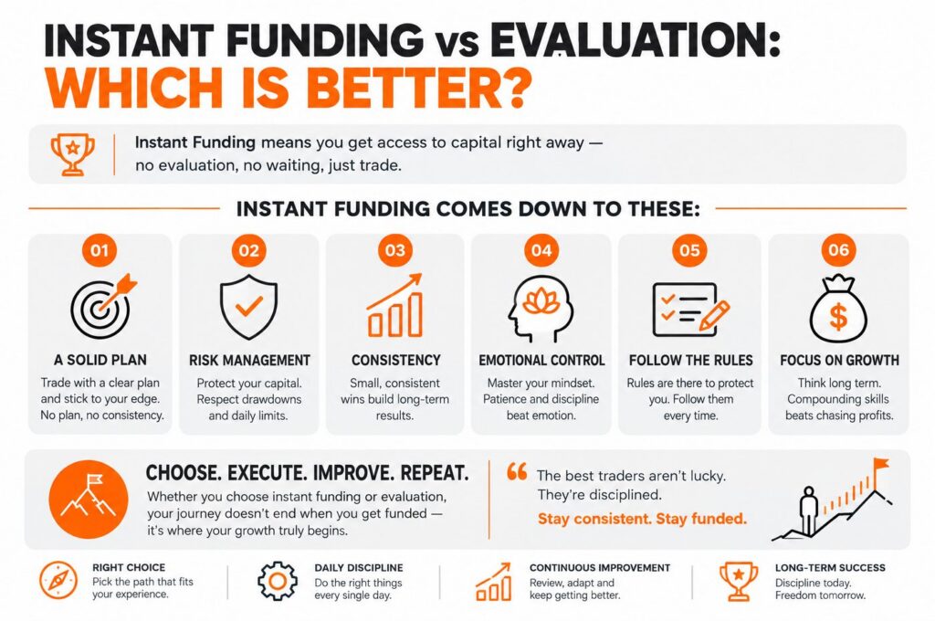 Comparison of instant funding vs evaluation based on trading experience and goals