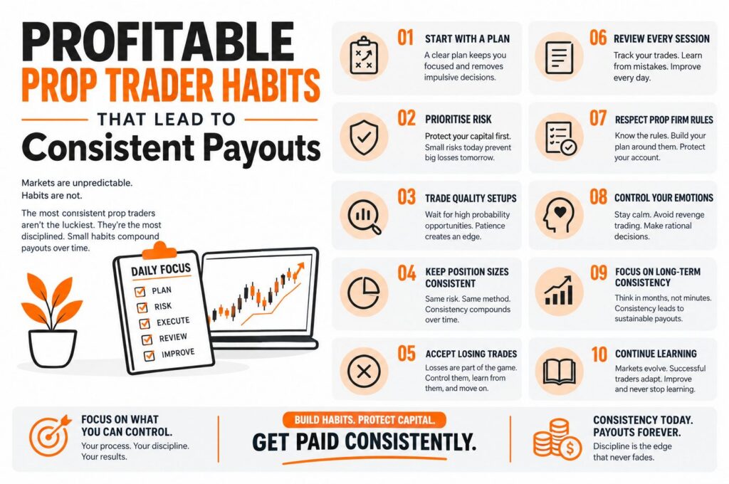 Daily profitable prop trader habits including risk management, discipline and trading consistency