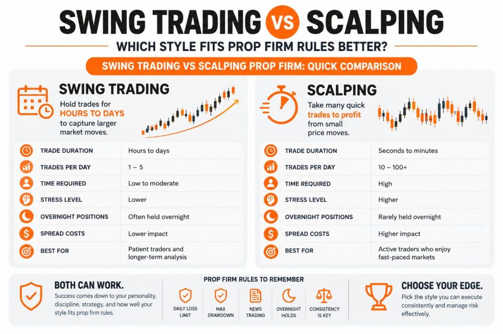 Prop firm trader choosing between swing trading and scalping strategies on multiple trading monitors.
