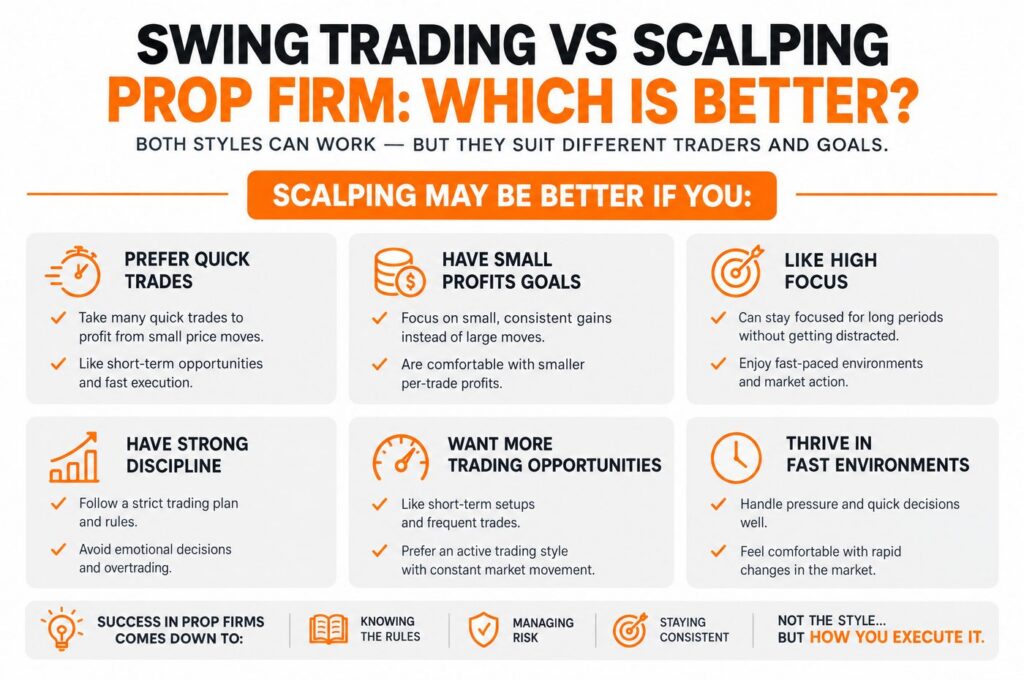 Trader comparing swing trading vs scalping to find the best strategy for prop firm trading success.
