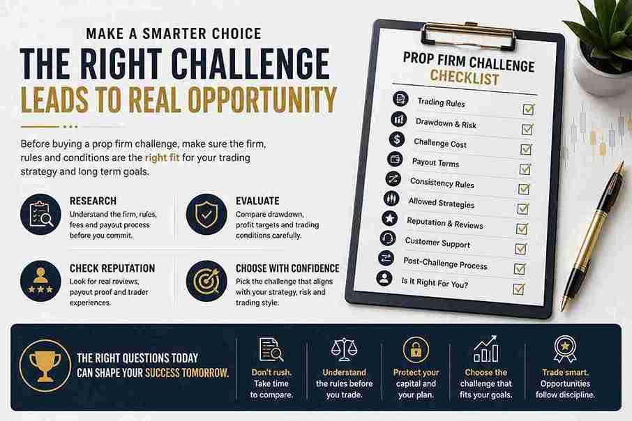 Before buying a prop firm challenge, compare fees, trading conditions and company reputation