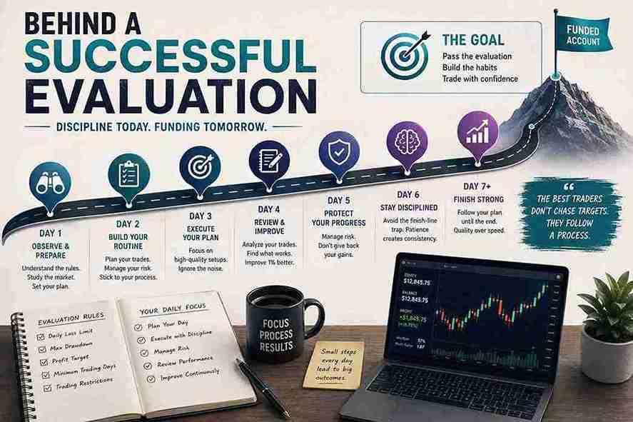 successful prop firm evaluation with disciplined risk management