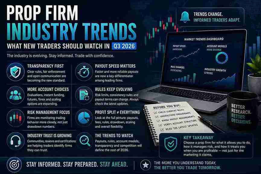 Prop firm industry trends showing payouts, account models, rule changes and risk management in Q3 2026
